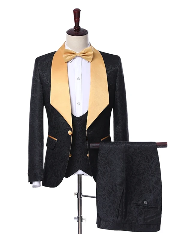 Black Textured Tuxedo Suit with Satin Lapel !